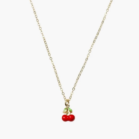 14k Gold Tiny Dainty Enamel Cherry Fruit Charm Delicate Layering Necklace
